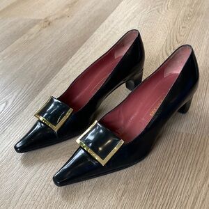 Sergio Rossi Black Leather Pumps Gold Buckle Square Toe Heels Classic Designer